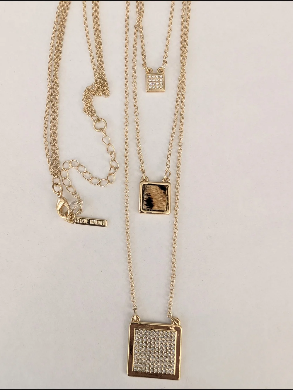 Steve Madden gold layered long necklace with square pendants #layered #statement